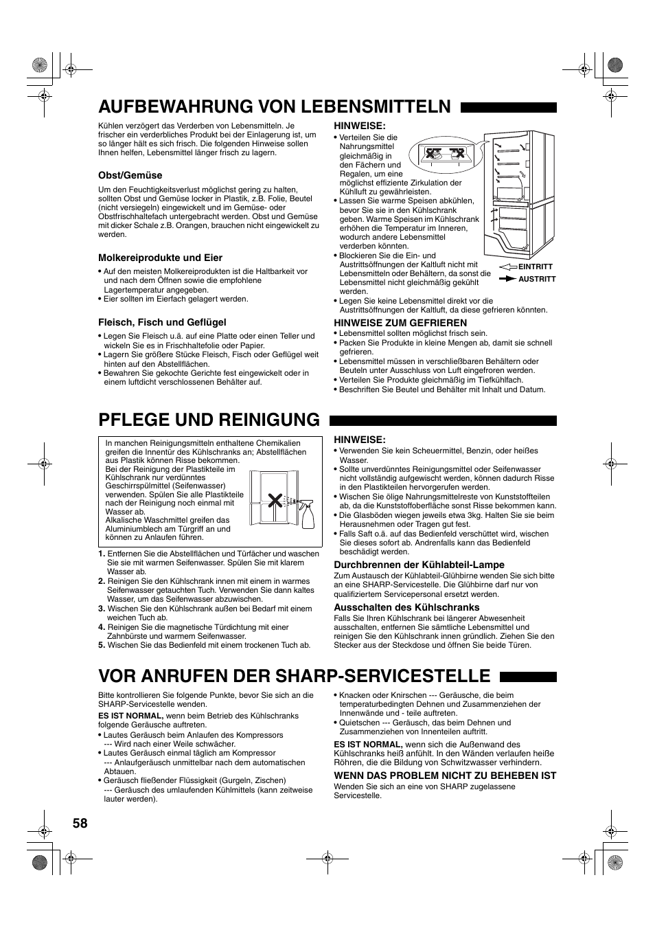 Aufbewahrung von lebensmitteln, Pflege und reinigung, Vor anrufen der sharp-servicestelle | Sharp SJ-F78PESL User Manual | Page 58 / 156