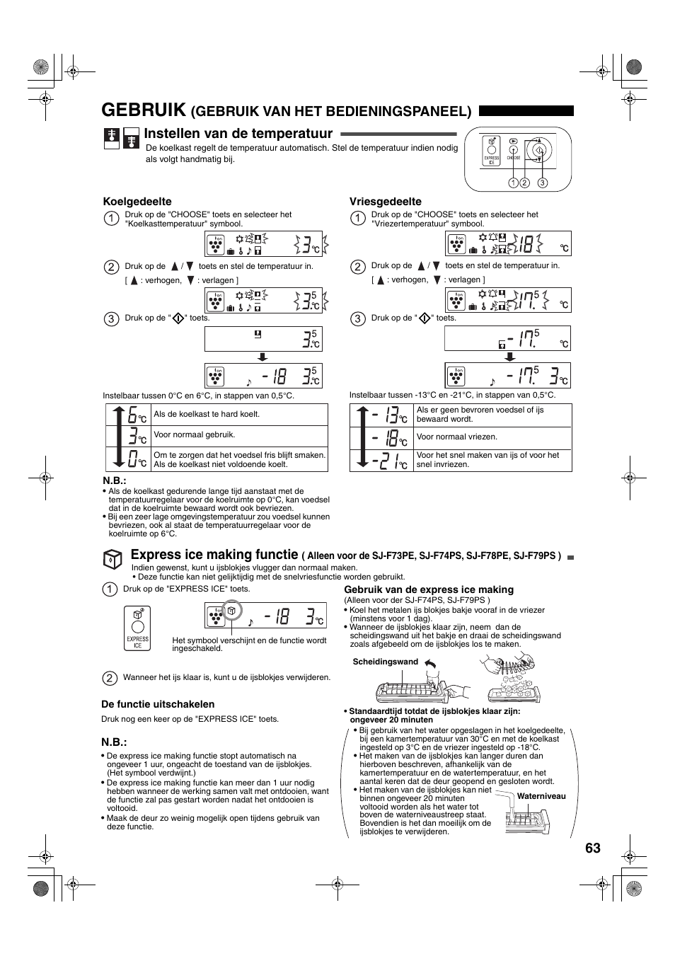 Gebruik, Express ice making functie | Sharp SJ-F78PESL User Manual | Page 63 / 156