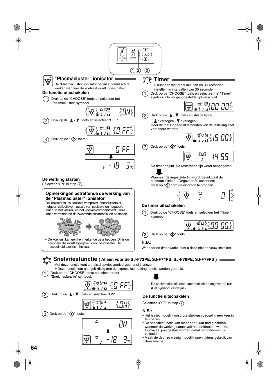 Timer, Snelvriesfunctie, Plasmacluster" ionisator | Sharp SJ-F78PESL User Manual | Page 64 / 156