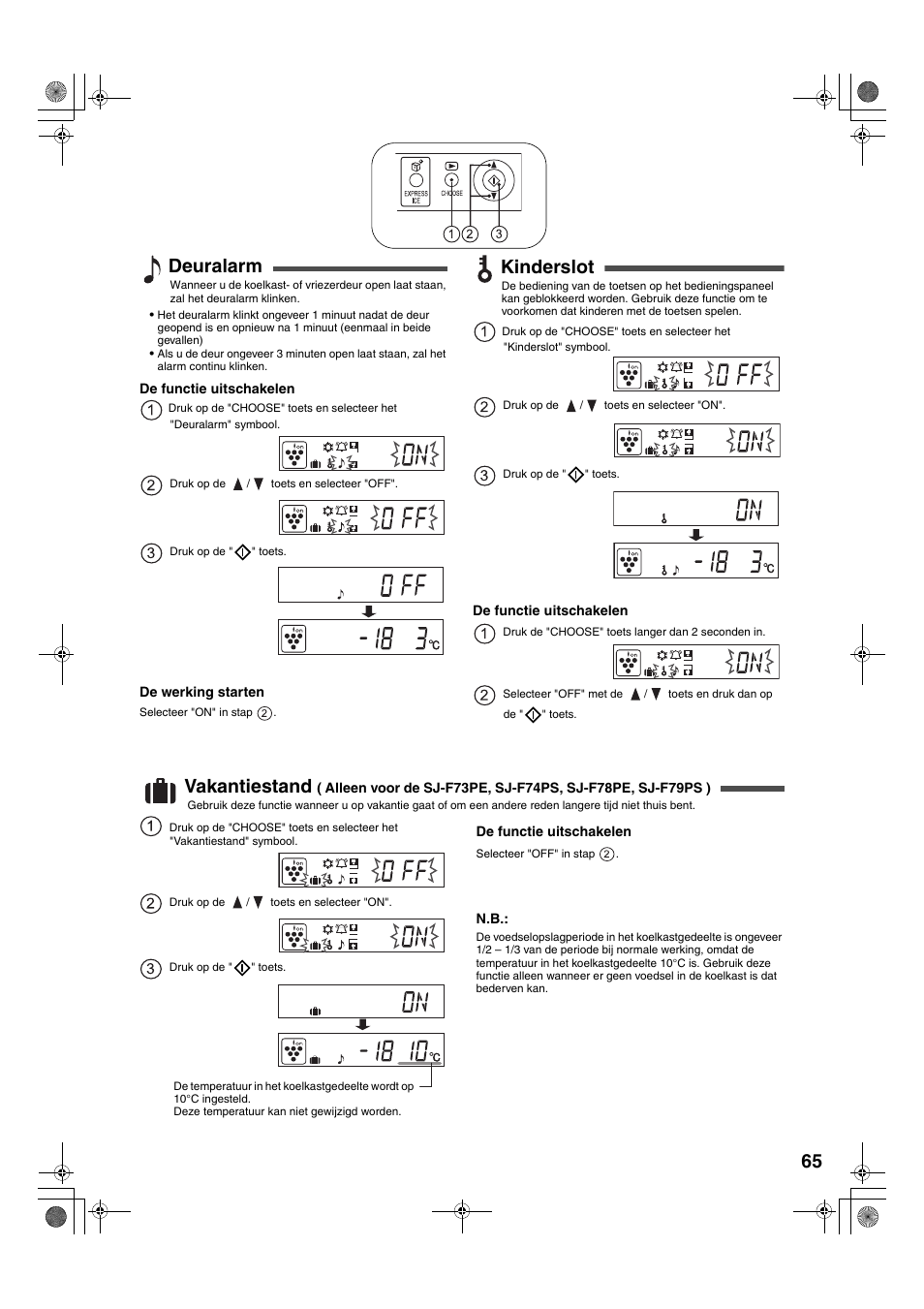 Deuralarm, Kinderslot, Vakantiestand | Sharp SJ-F78PESL User Manual | Page 65 / 156