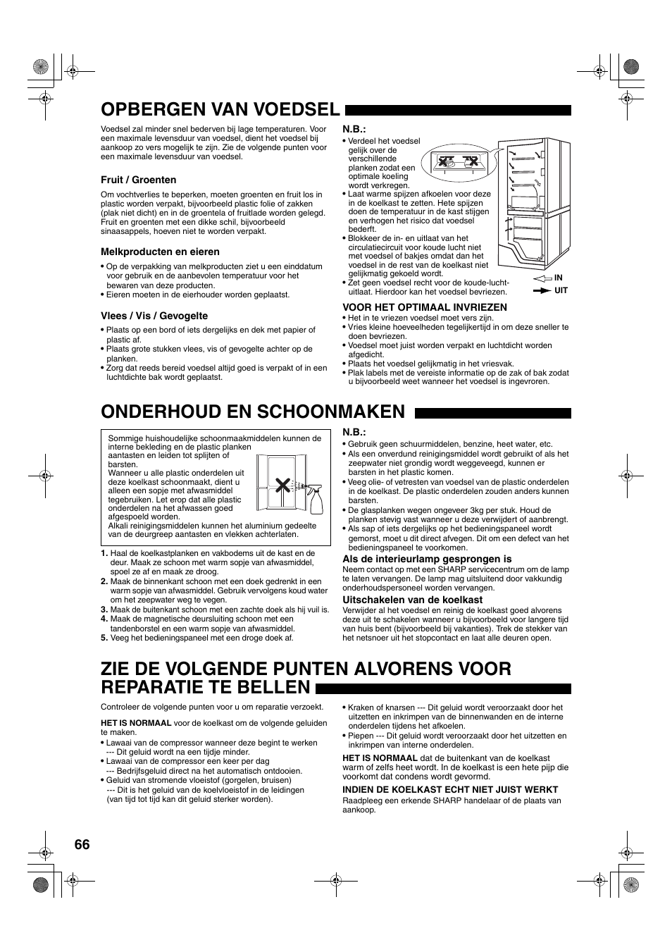 Opbergen van voedsel, Onderhoud en schoonmaken | Sharp SJ-F78PESL User Manual | Page 66 / 156