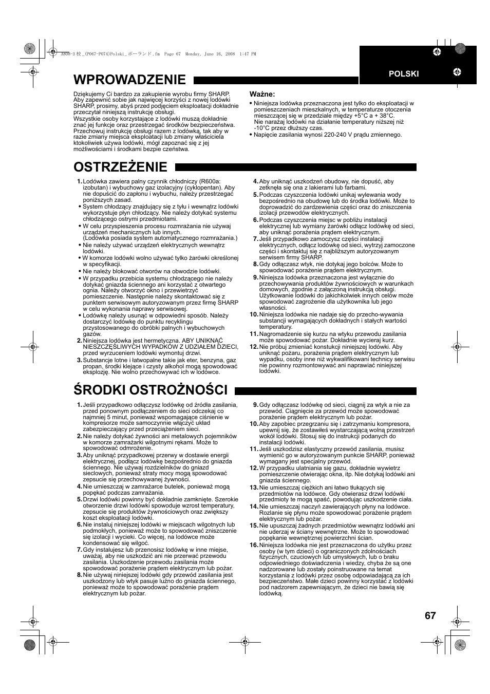 A808-4版)4_pol hun rum, Wprowadzenie, Ostrzeżenie | Środki ostrożności | Sharp SJ-F78PESL User Manual | Page 67 / 156