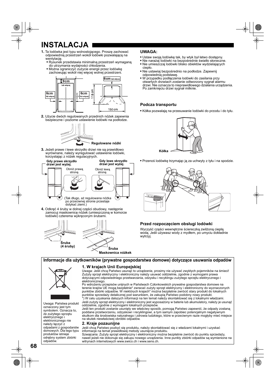 Instalacja | Sharp SJ-F78PESL User Manual | Page 68 / 156