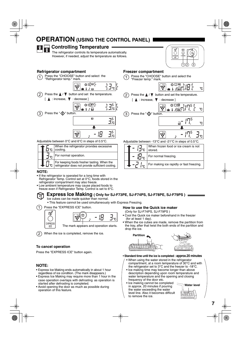 Operation, Using the control panel) controlling temperature, Express ice making | Sharp SJ-F78PESL User Manual | Page 7 / 156