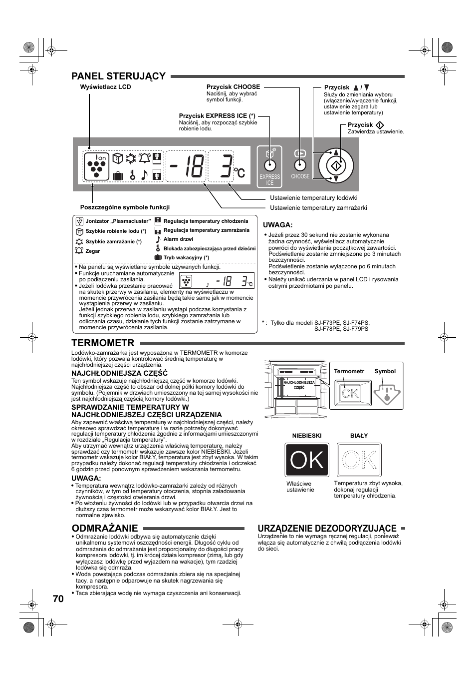 70 panel sterujący termometr, Odmrażanie, Urządzenie dezodoryzujące | Sharp SJ-F78PESL User Manual | Page 70 / 156