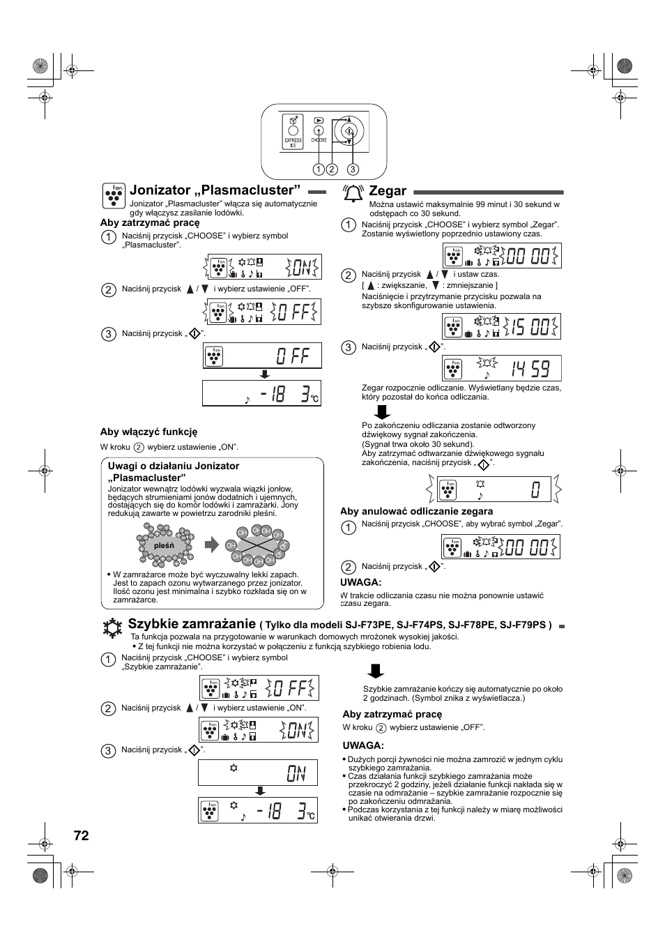 Jonizator „plasmacluster, Zegar, Szybkie zamrażanie | Sharp SJ-F78PESL User Manual | Page 72 / 156