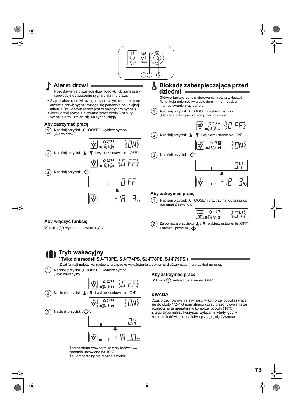 Alarm drzwi, Blokada zabezpieczająca przed dziećmi, Tryb wakacyjny | Sharp SJ-F78PESL User Manual | Page 73 / 156