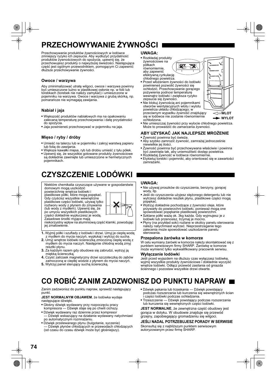 Przechowywanie żywności, Czyszczenie lodówki, Co robić zanim zadzwonisz do punktu napraw | Sharp SJ-F78PESL User Manual | Page 74 / 156