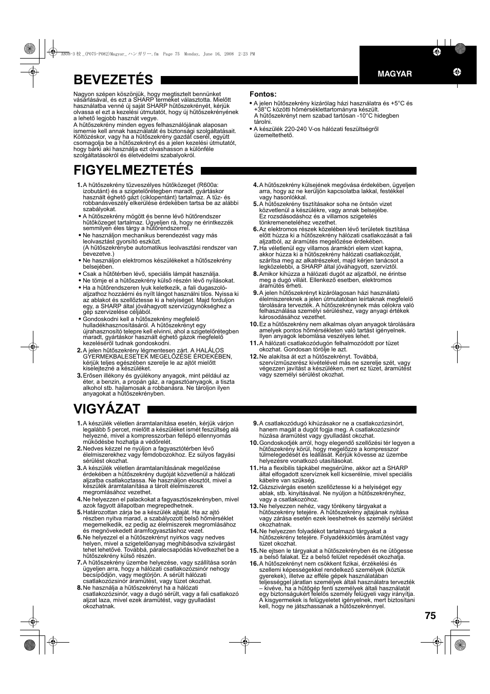 Bevezetés, Figyelmeztetés, Vigyázat | Sharp SJ-F78PESL User Manual | Page 75 / 156