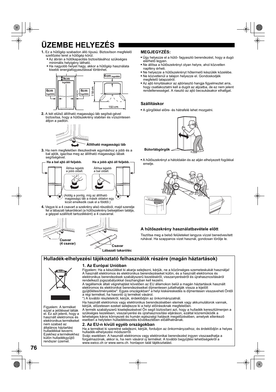 Üzembe helyezés | Sharp SJ-F78PESL User Manual | Page 76 / 156