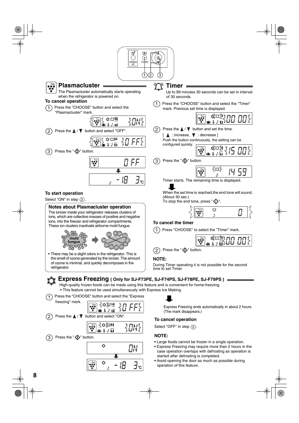 Plasmacluste, Timer, Express freezing | Sharp SJ-F78PESL User Manual | Page 8 / 156