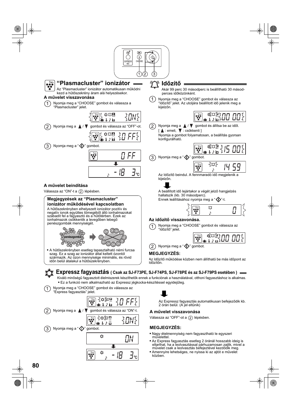 Plasmacluster” ionizátor, Időzítő, Expressz fagyasztás | Sharp SJ-F78PESL User Manual | Page 80 / 156