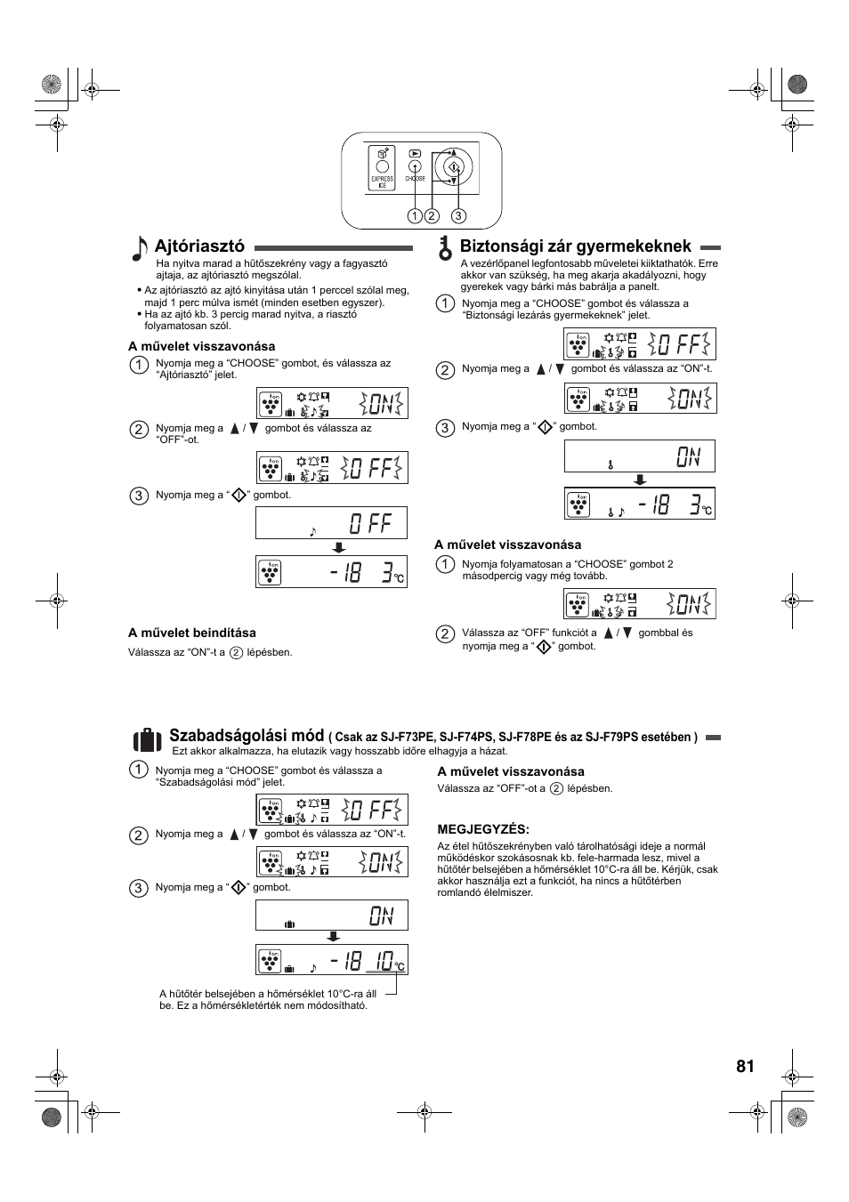 Ajtóriasztó, Biztonsági zár gyermekeknek, Szabadságolási mód | Sharp SJ-F78PESL User Manual | Page 81 / 156