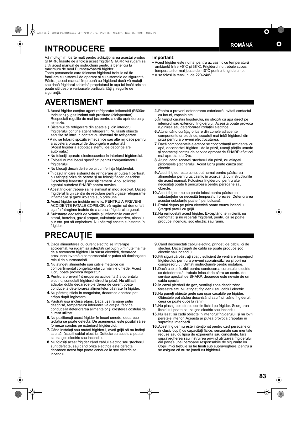 Introducere, Avertisment, Precauţie | Sharp SJ-F78PESL User Manual | Page 83 / 156