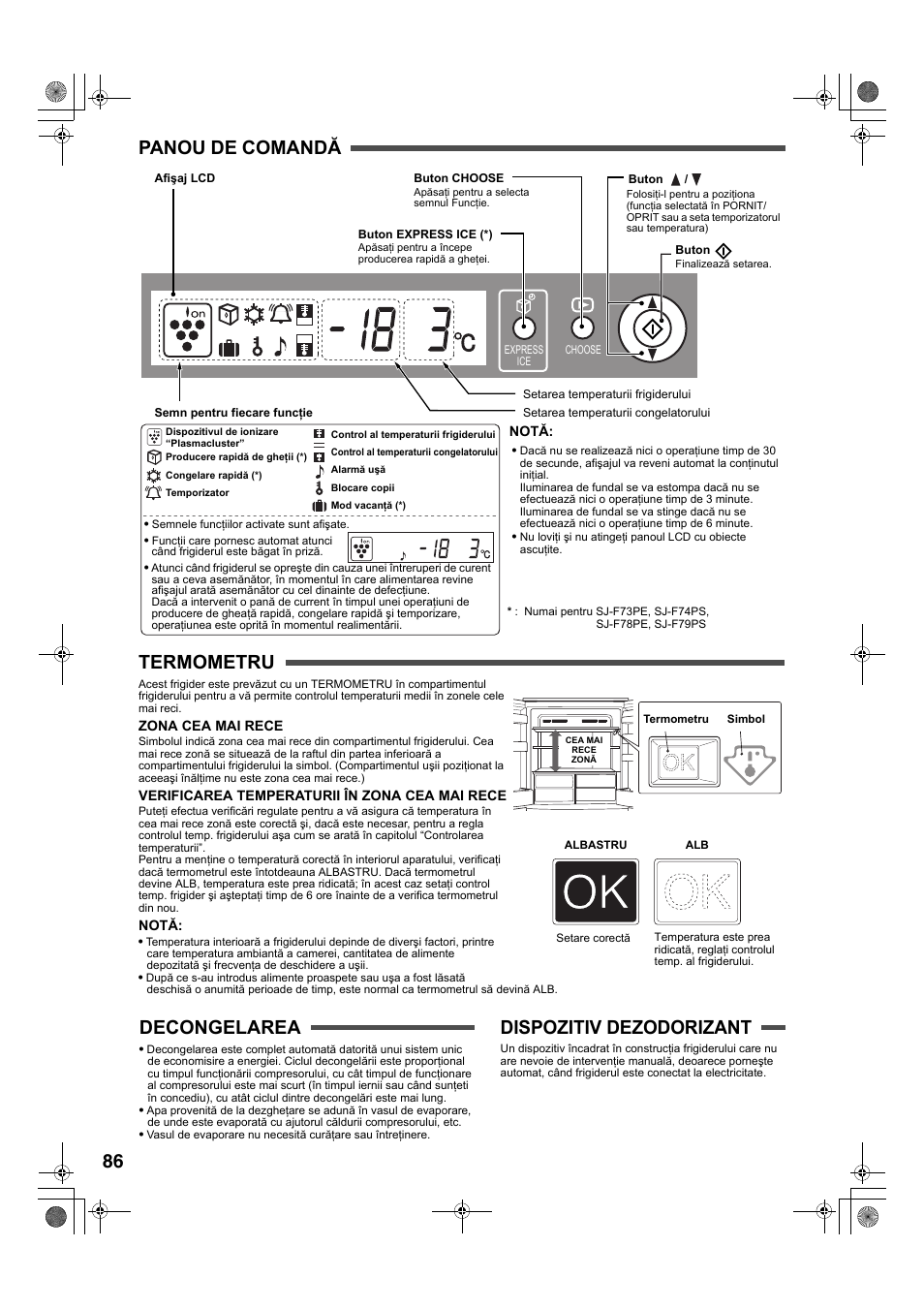 86 panou de comandă termometru, Decongelarea, Dispozitiv dezodorizant | Sharp SJ-F78PESL User Manual | Page 86 / 156