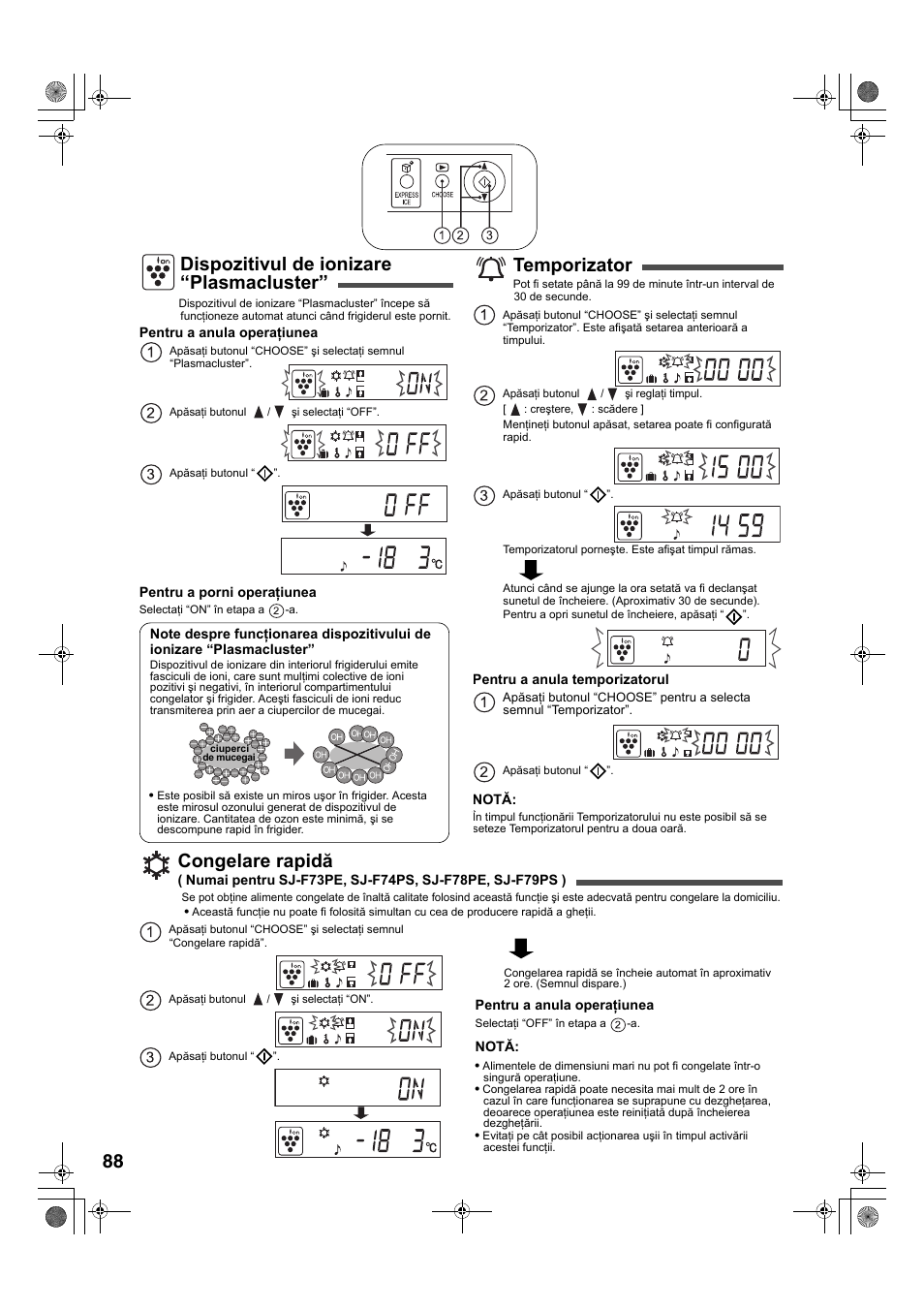 Dispozitivul de ionizare “plasmacluster, Temporizator, Congelare rapidă | Sharp SJ-F78PESL User Manual | Page 88 / 156