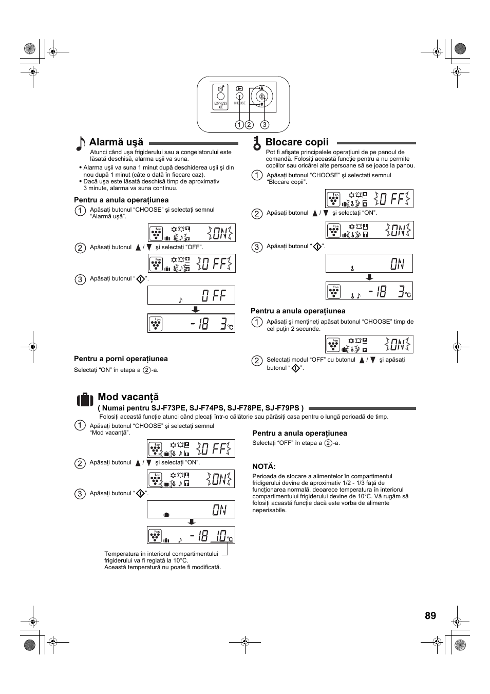 Alarmă uşă, Blocare copii, Mod vacanţă | Sharp SJ-F78PESL User Manual | Page 89 / 156