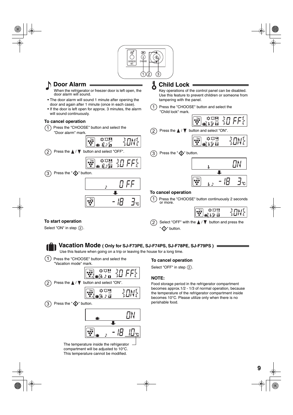 Door alarm, Child lock, Vacation mode | Sharp SJ-F78PESL User Manual | Page 9 / 156