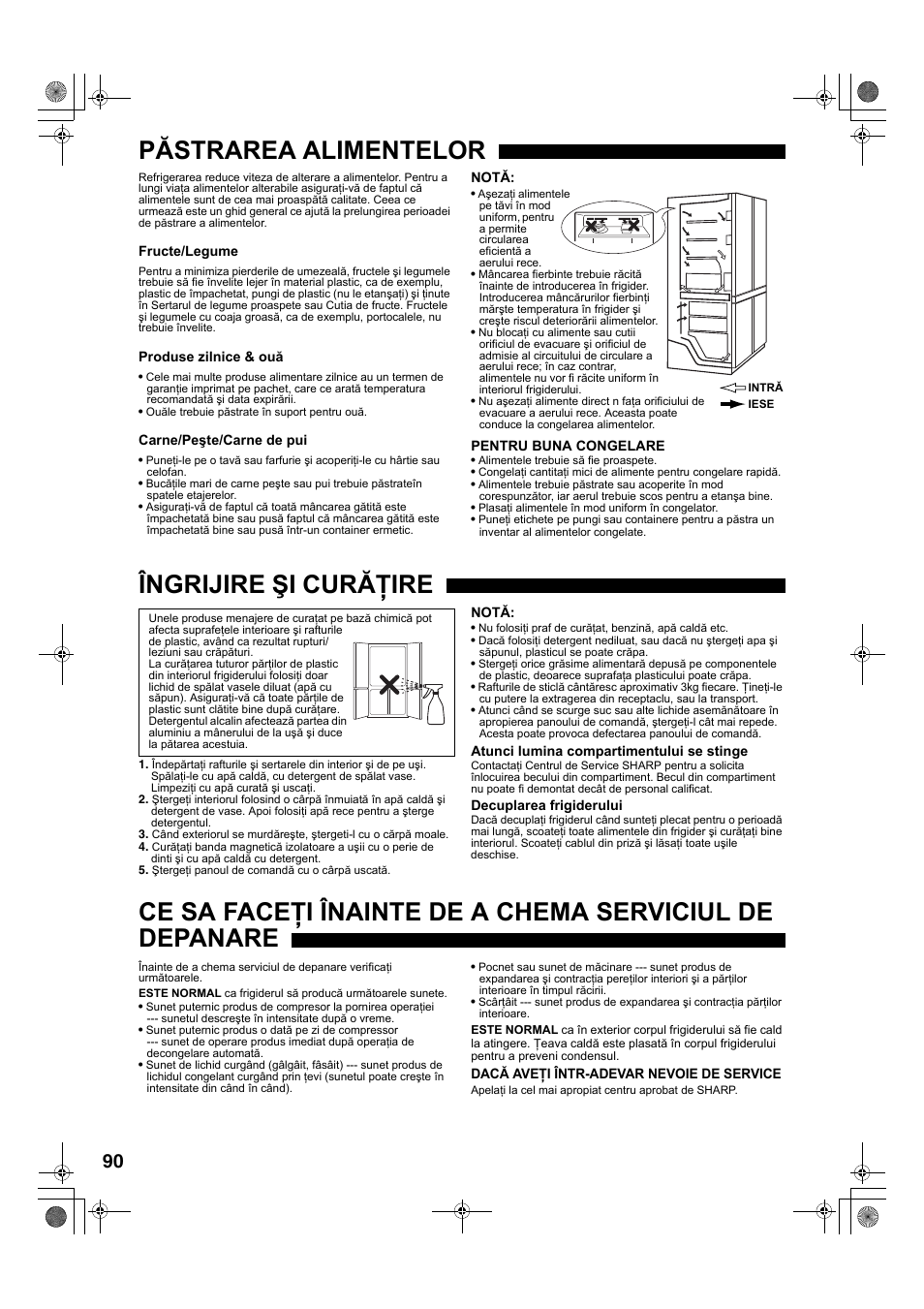 Păstrarea alimentelor, Îngrijire şi curăţire | Sharp SJ-F78PESL User Manual | Page 90 / 156
