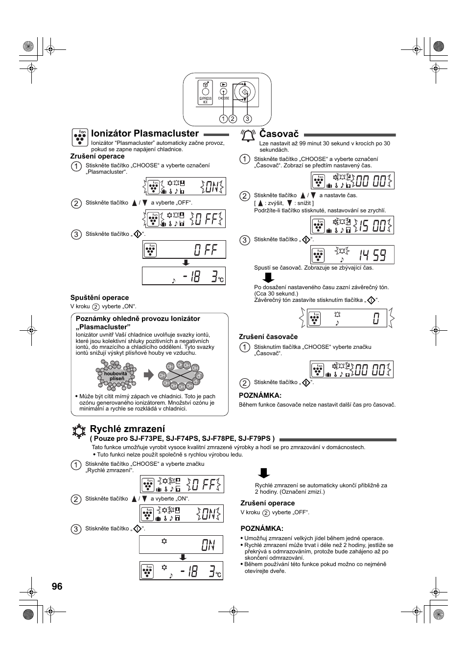 Ionizátor plasmacluster, Časovač, Rychlé zmrazení | Sharp SJ-F78PESL User Manual | Page 96 / 156