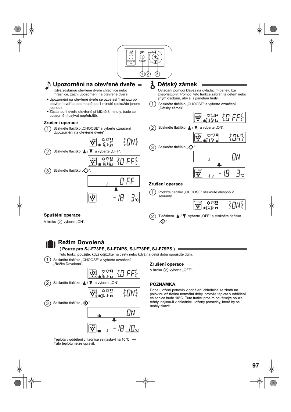 Upozornění na otevřené dveře, Dětský zámek, Režim dovolená | Sharp SJ-F78PESL User Manual | Page 97 / 156