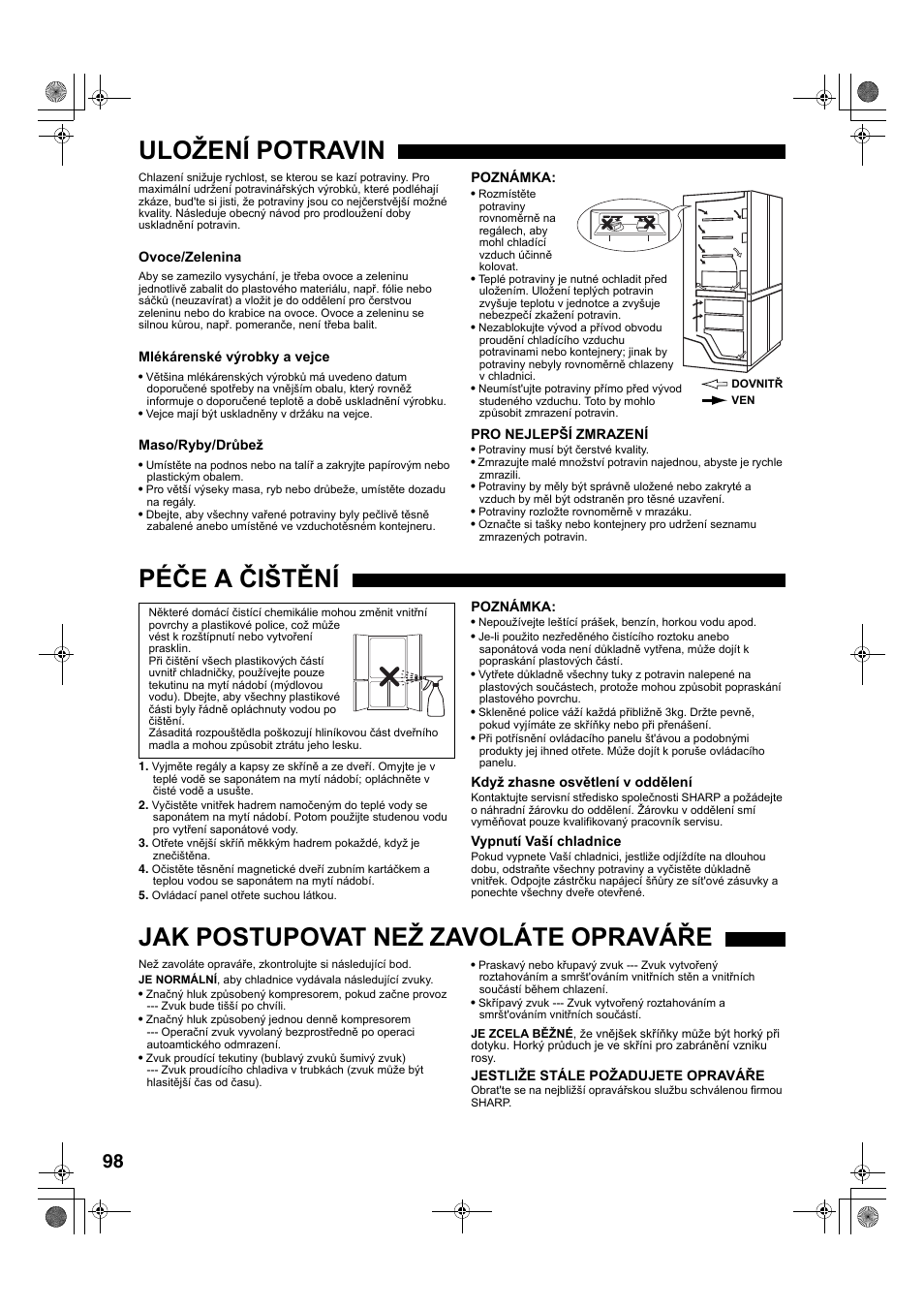 Uložení potravin, Péče a čištění, Jak postupovat než zavoláte opraváře | Sharp SJ-F78PESL User Manual | Page 98 / 156