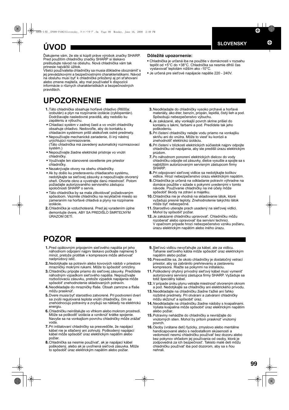 Úvod, Upozornenie, Pozor | Sharp SJ-F78PESL User Manual | Page 99 / 156