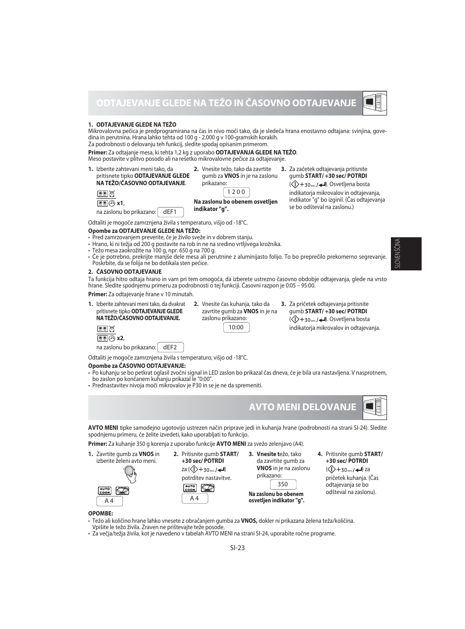Odtajevanje glede na težo in časovno odtajevanje, Avto meni delovanje | Sharp R-92STE User Manual | Page 103 / 316