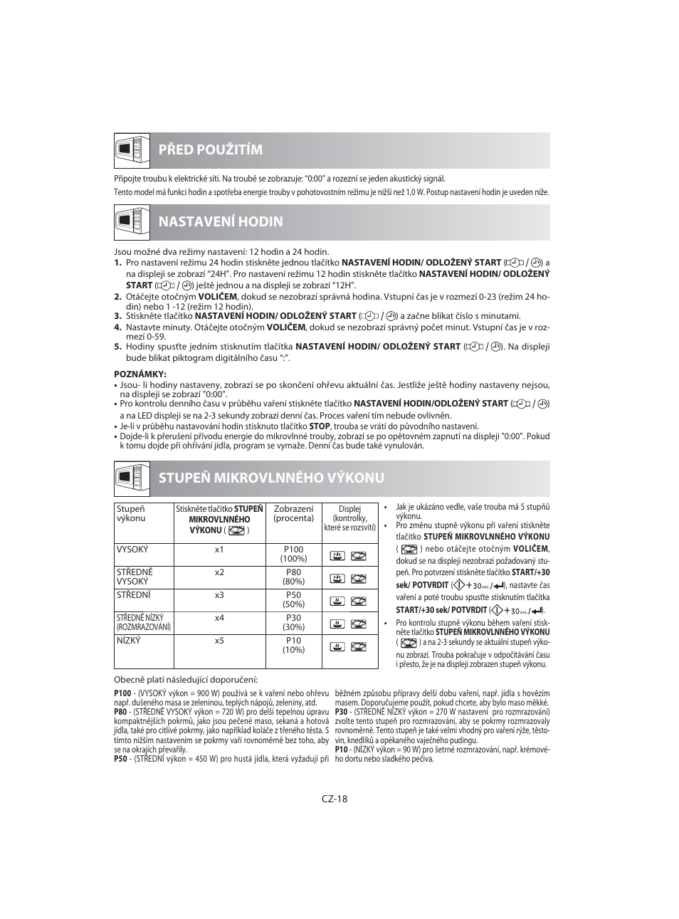 Před použitím stupeň mikrovlnného výkonu, Nastavení hodin | Sharp R-92STE User Manual | Page 124 / 316