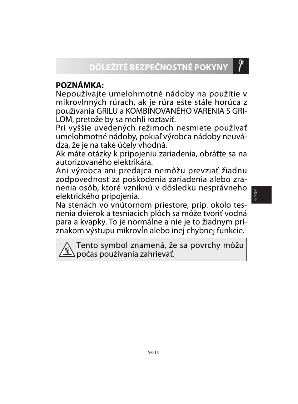 Dôležité bezpečnostné pokyny | Sharp R-92STE User Manual | Page 147 / 316