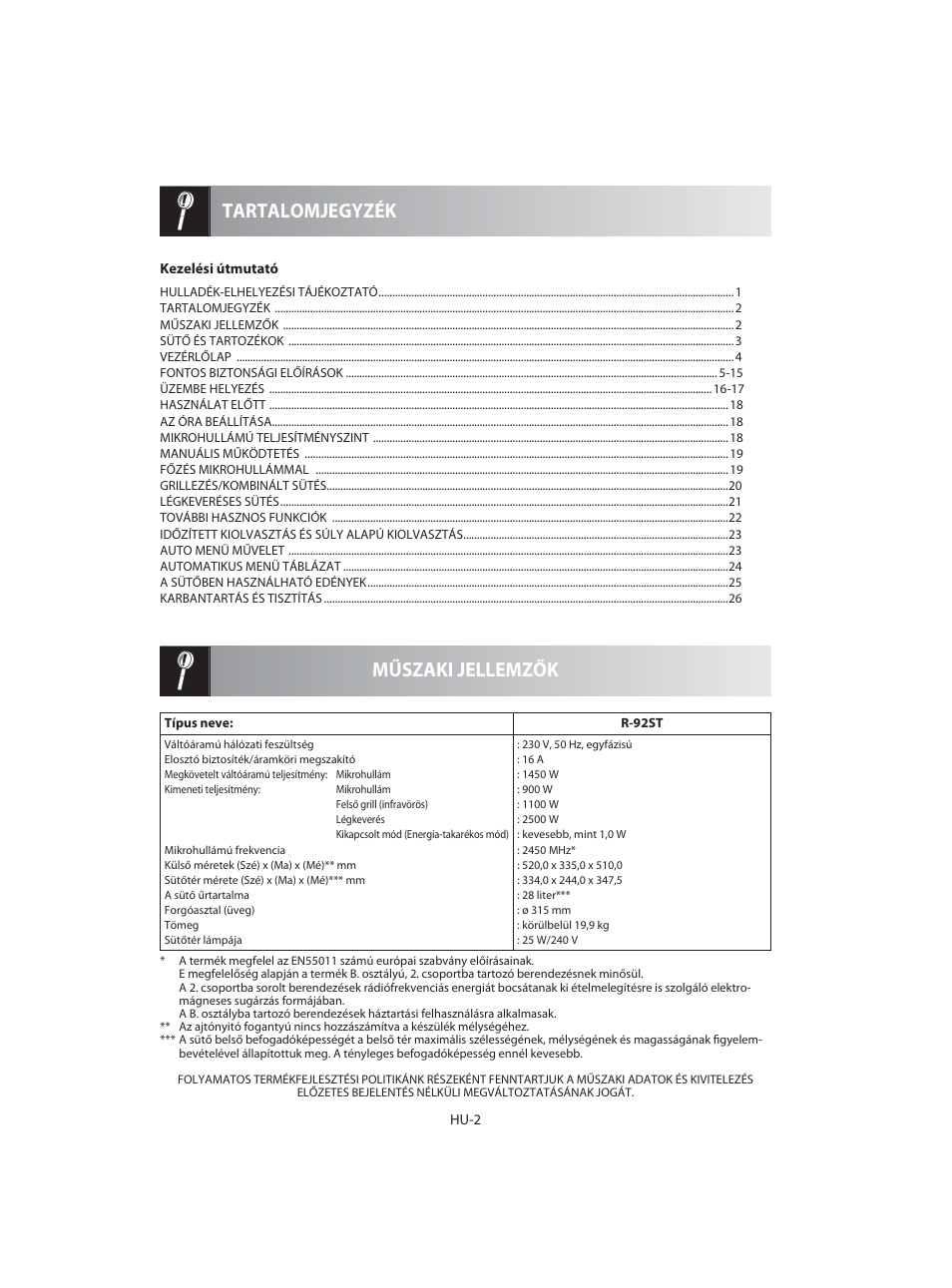 Műszaki jellemzők tartalomjegyzék | Sharp R-92STE User Manual | Page 160 / 316