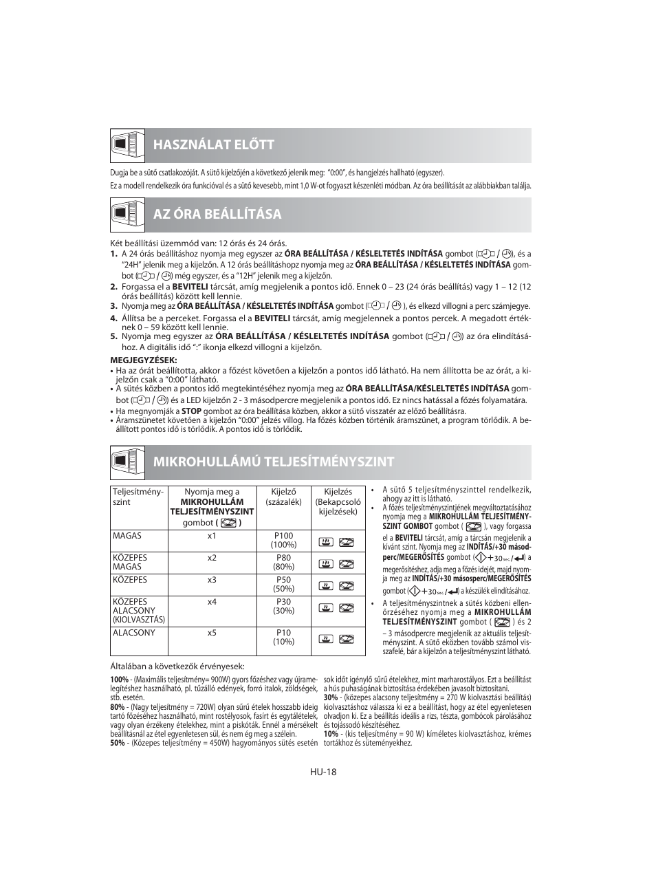 Használat előtt mikrohullámú teljesítményszint, Az óra beállítása | Sharp R-92STE User Manual | Page 176 / 316