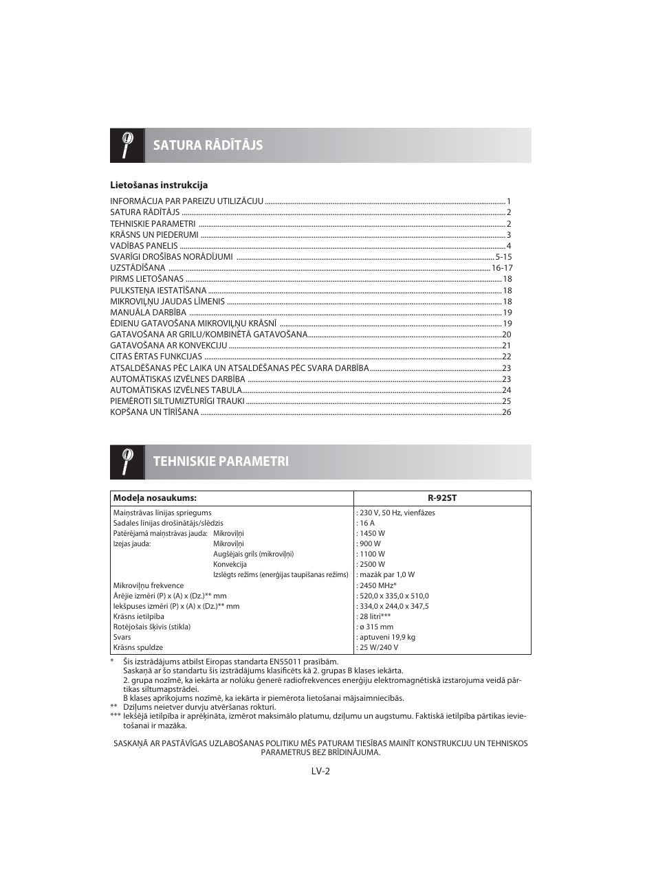 Tehniskie parametri satura rādītājs | Sharp R-92STE User Manual | Page 186 / 316