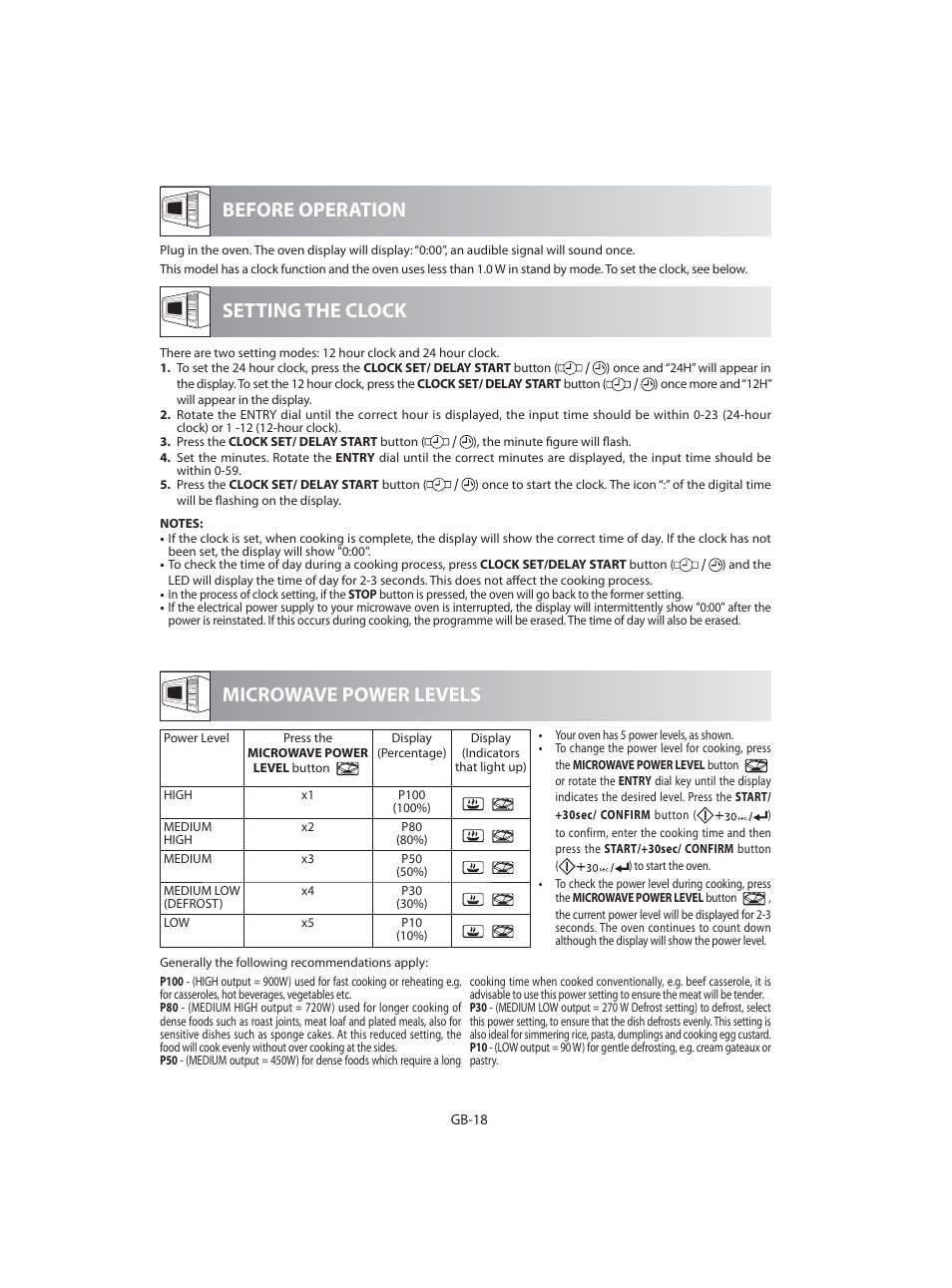 Before operation microwave power levels, Setting the clock | Sharp R-92STE User Manual | Page 20 / 316