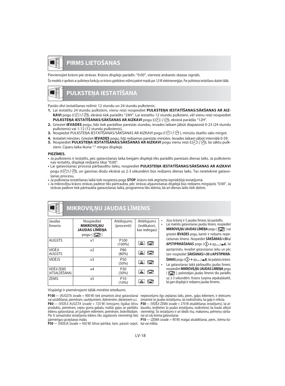 Pirms lietošanas mikroviļņu jaudas līmenis, Pulksteņa iestatīšana | Sharp R-92STE User Manual | Page 202 / 316