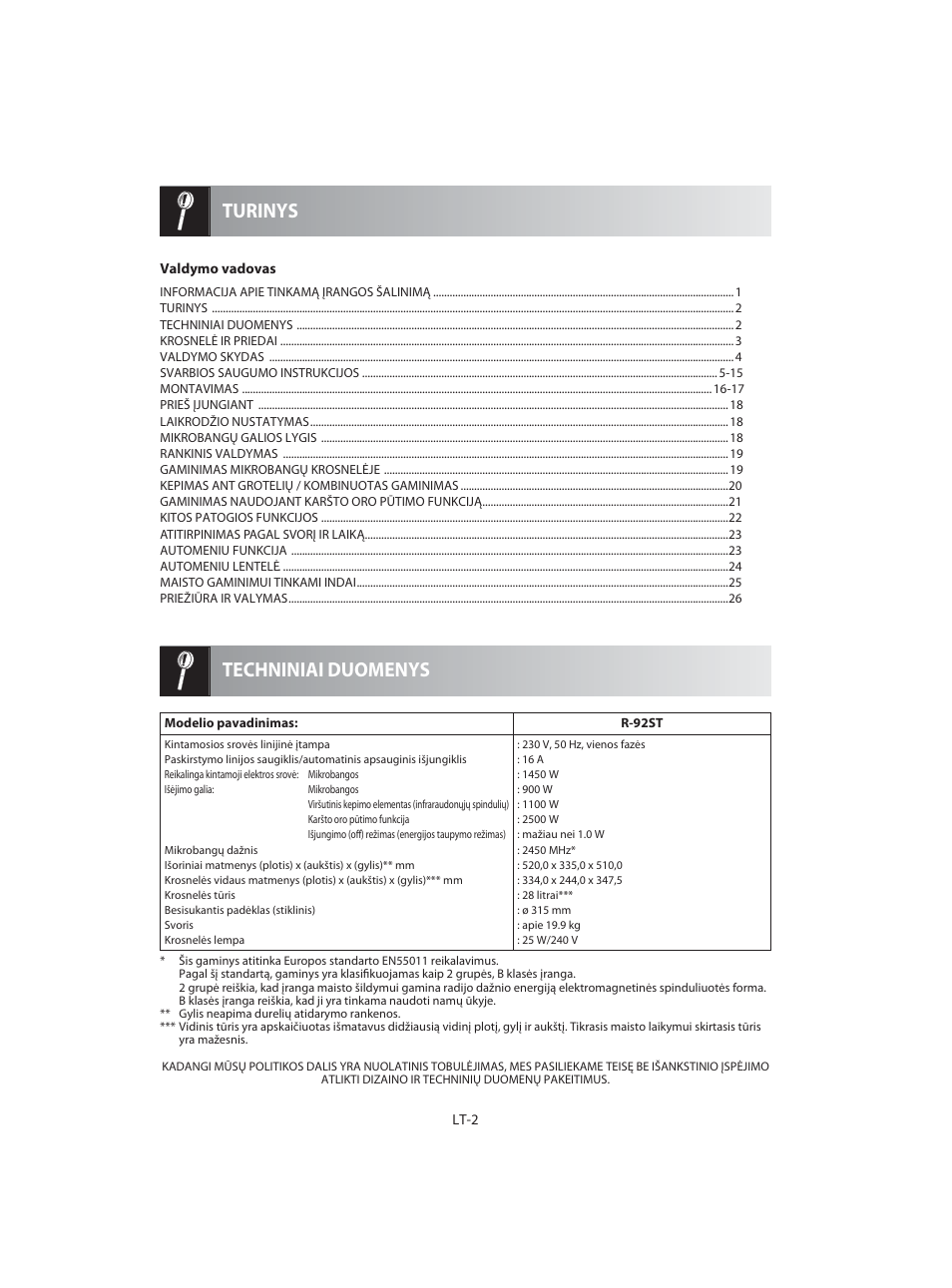 Techniniai duomenys turinys | Sharp R-92STE User Manual | Page 212 / 316
