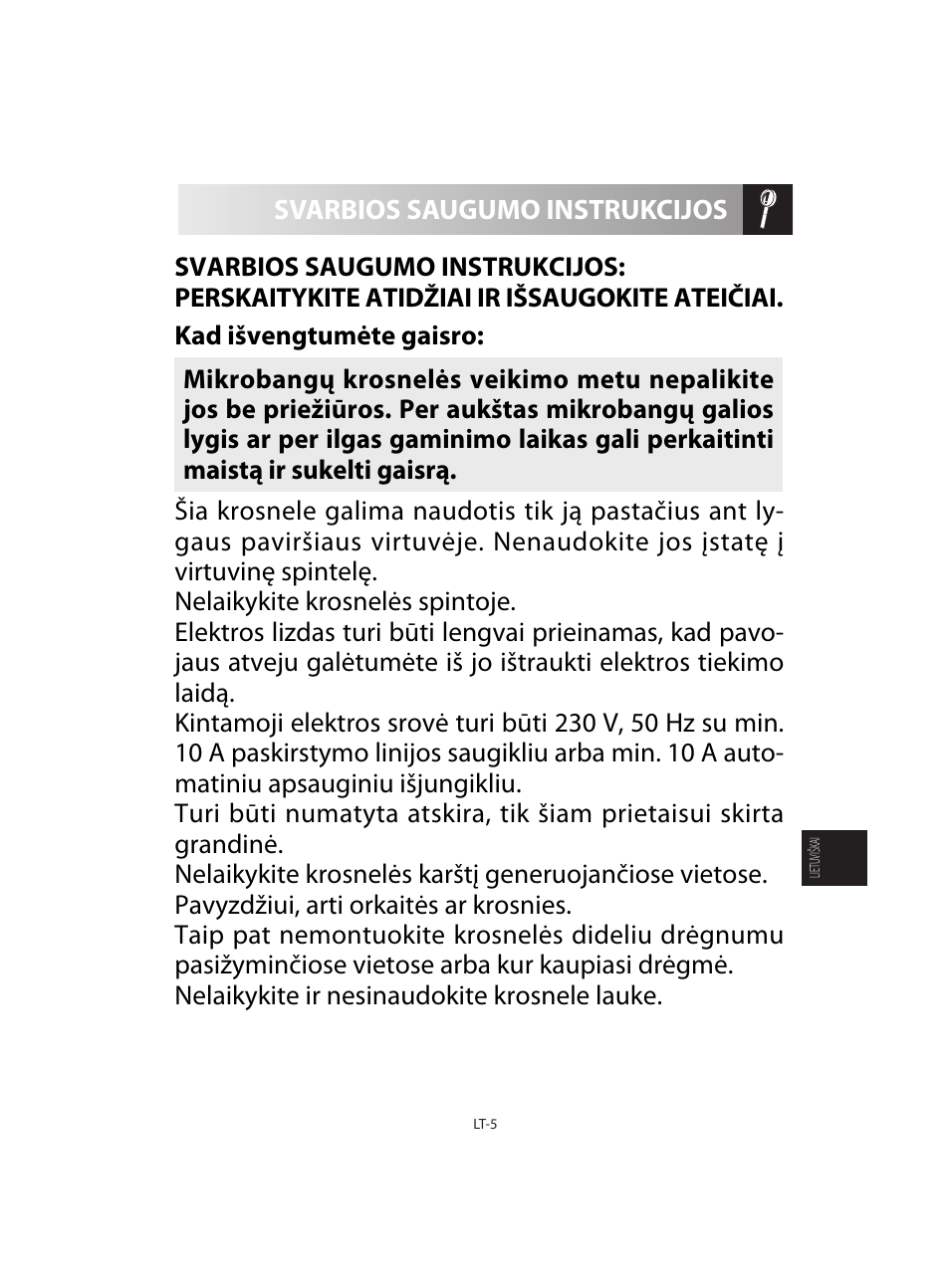 Svarbios saugumo instrukcijos | Sharp R-92STE User Manual | Page 215 / 316