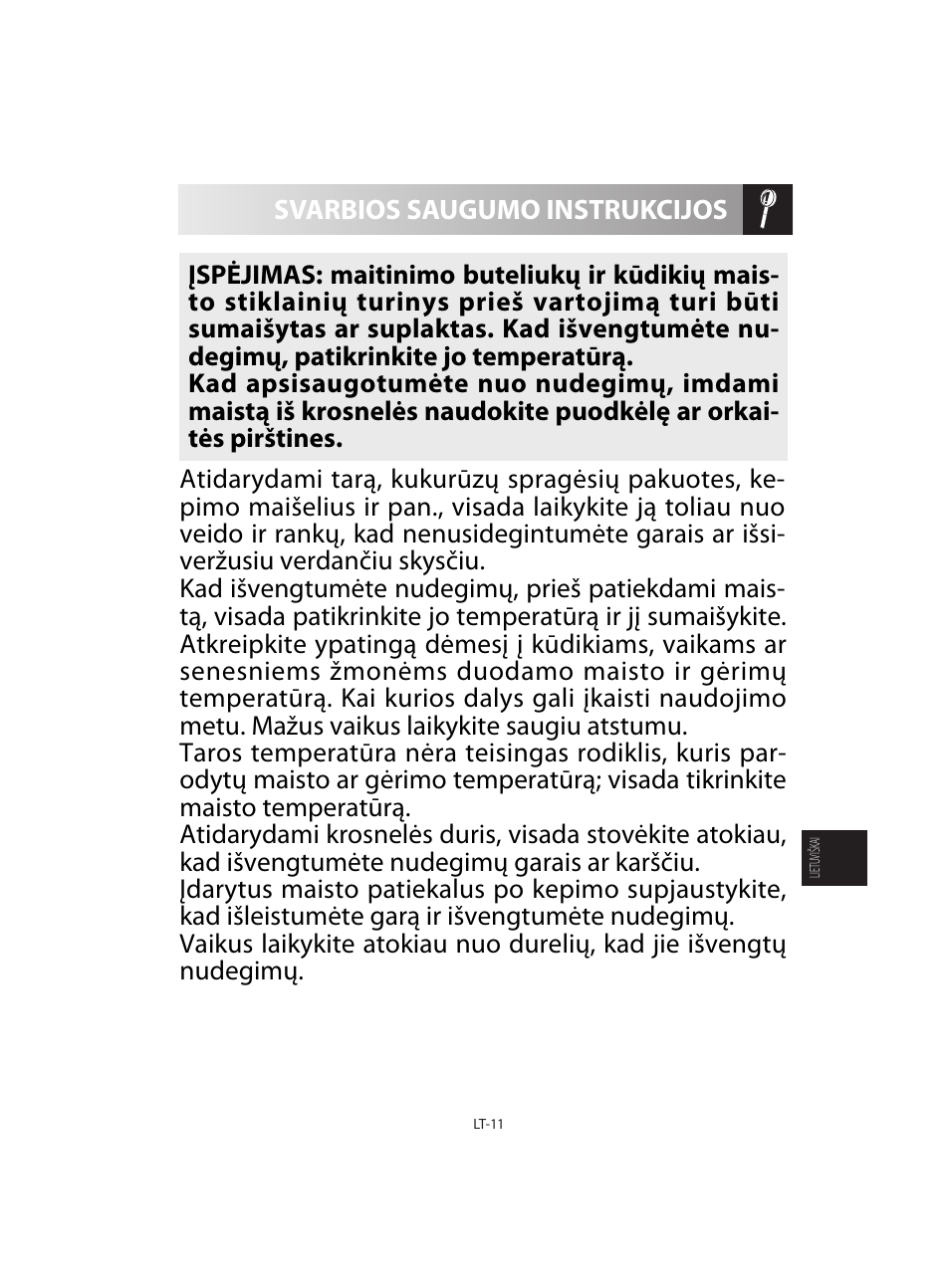 Svarbios saugumo instrukcijos | Sharp R-92STE User Manual | Page 221 / 316