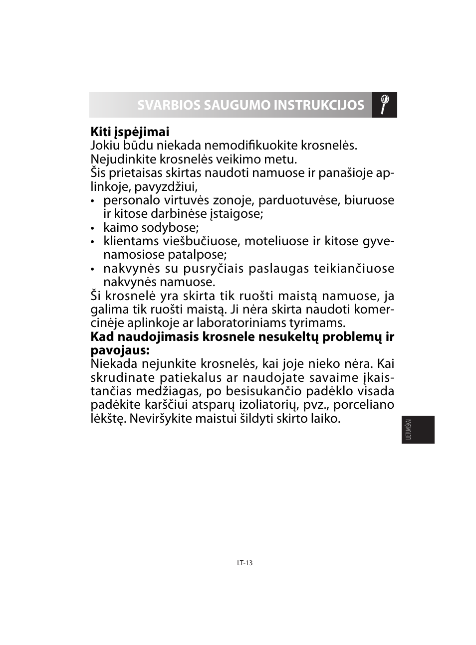Svarbios saugumo instrukcijos | Sharp R-92STE User Manual | Page 223 / 316