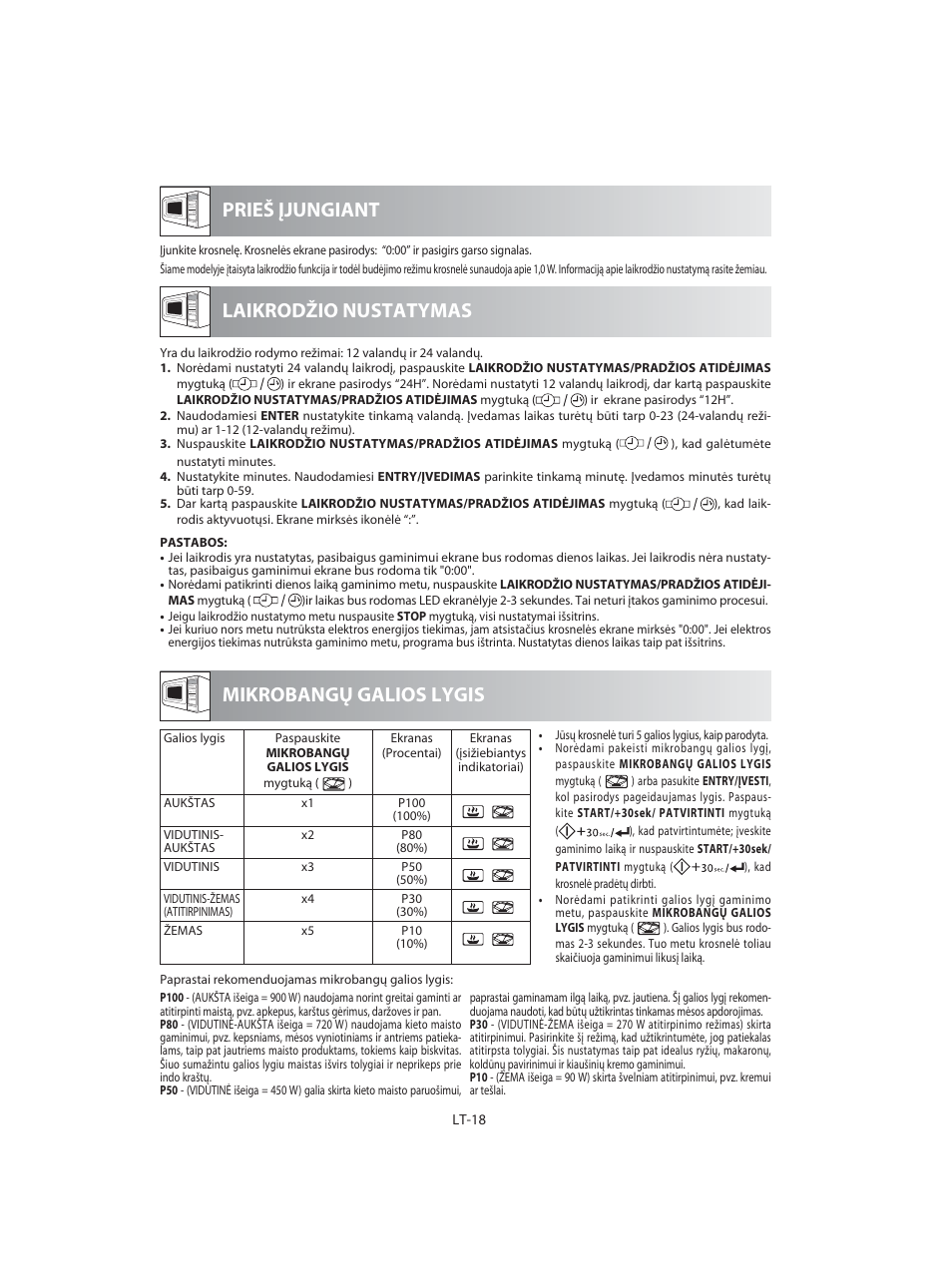 Prieš įjungiant mikrobangų galios lygis, Laikrodžio nustatymas | Sharp R-92STE User Manual | Page 228 / 316