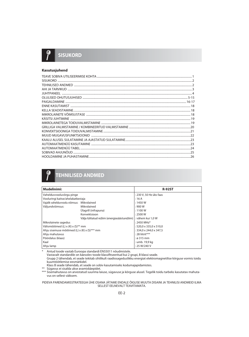 Tehnilised andmed sisukord | Sharp R-92STE User Manual | Page 238 / 316