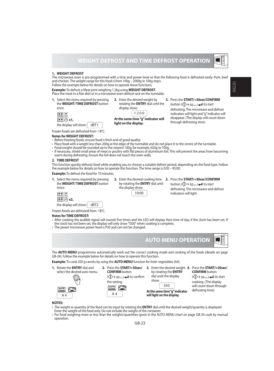 Weight defrost and time defrost operation, Auto menu operation | Sharp R-92STE User Manual | Page 25 / 316