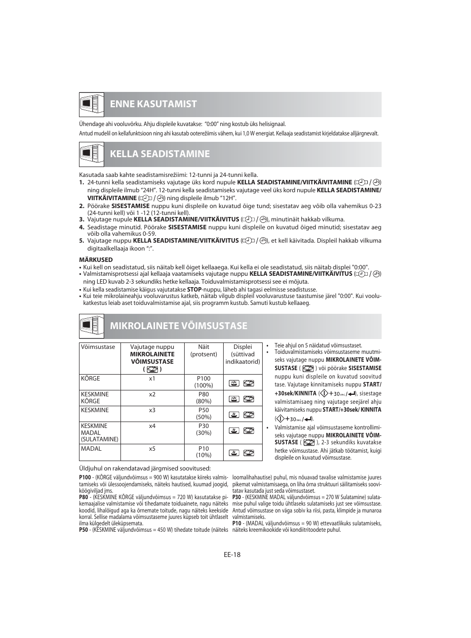 Enne kasutamist mikrolainete võimsustase, Kella seadistamine | Sharp R-92STE User Manual | Page 254 / 316