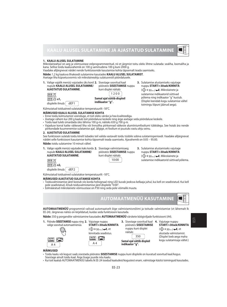 Kaalu alusel sulatamine ja ajastatud sulatamine, Automaatmenüü kasutamine | Sharp R-92STE User Manual | Page 259 / 316