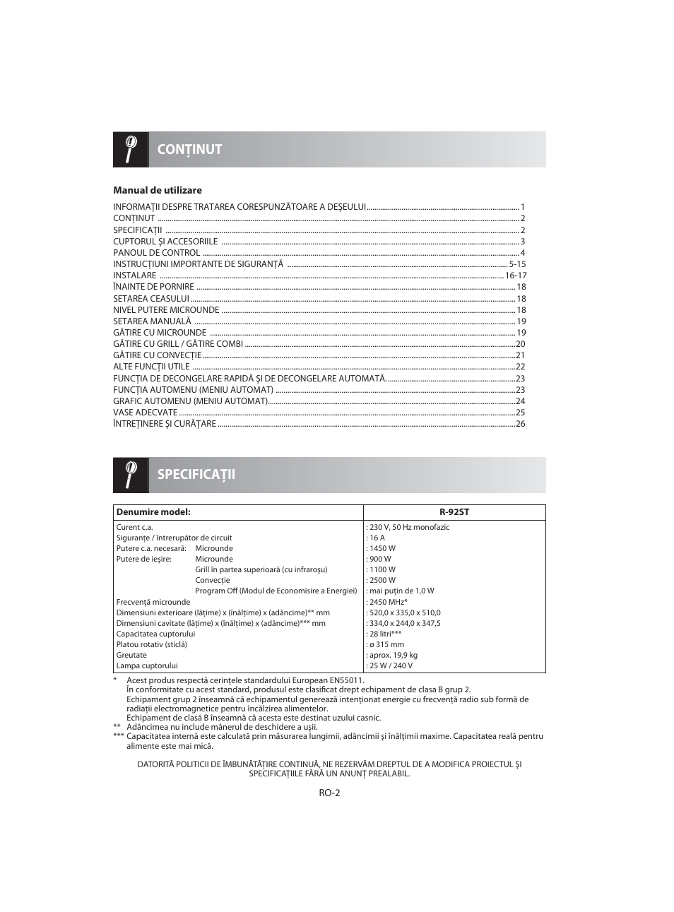 Specificaţii conţinut | Sharp R-92STE User Manual | Page 290 / 316