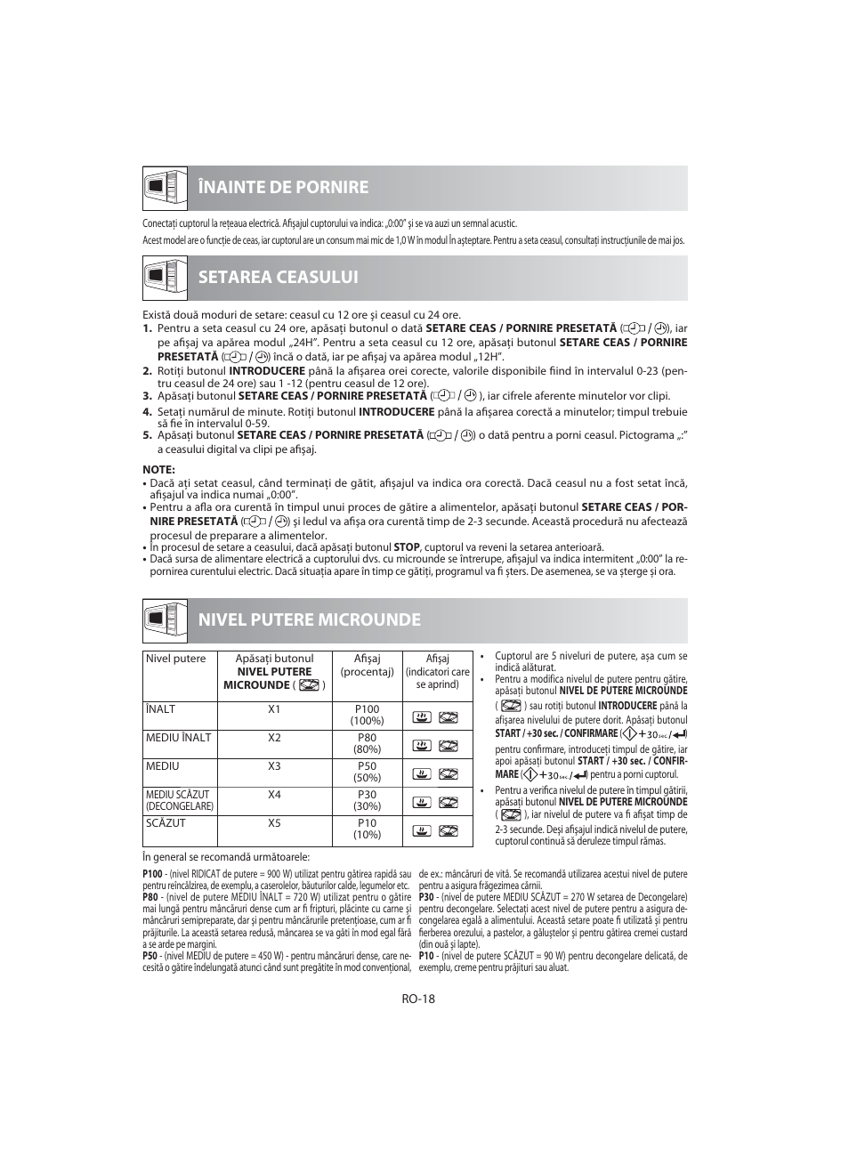 Înainte de pornire nivel putere microunde, Setarea ceasului | Sharp R-92STE User Manual | Page 306 / 316