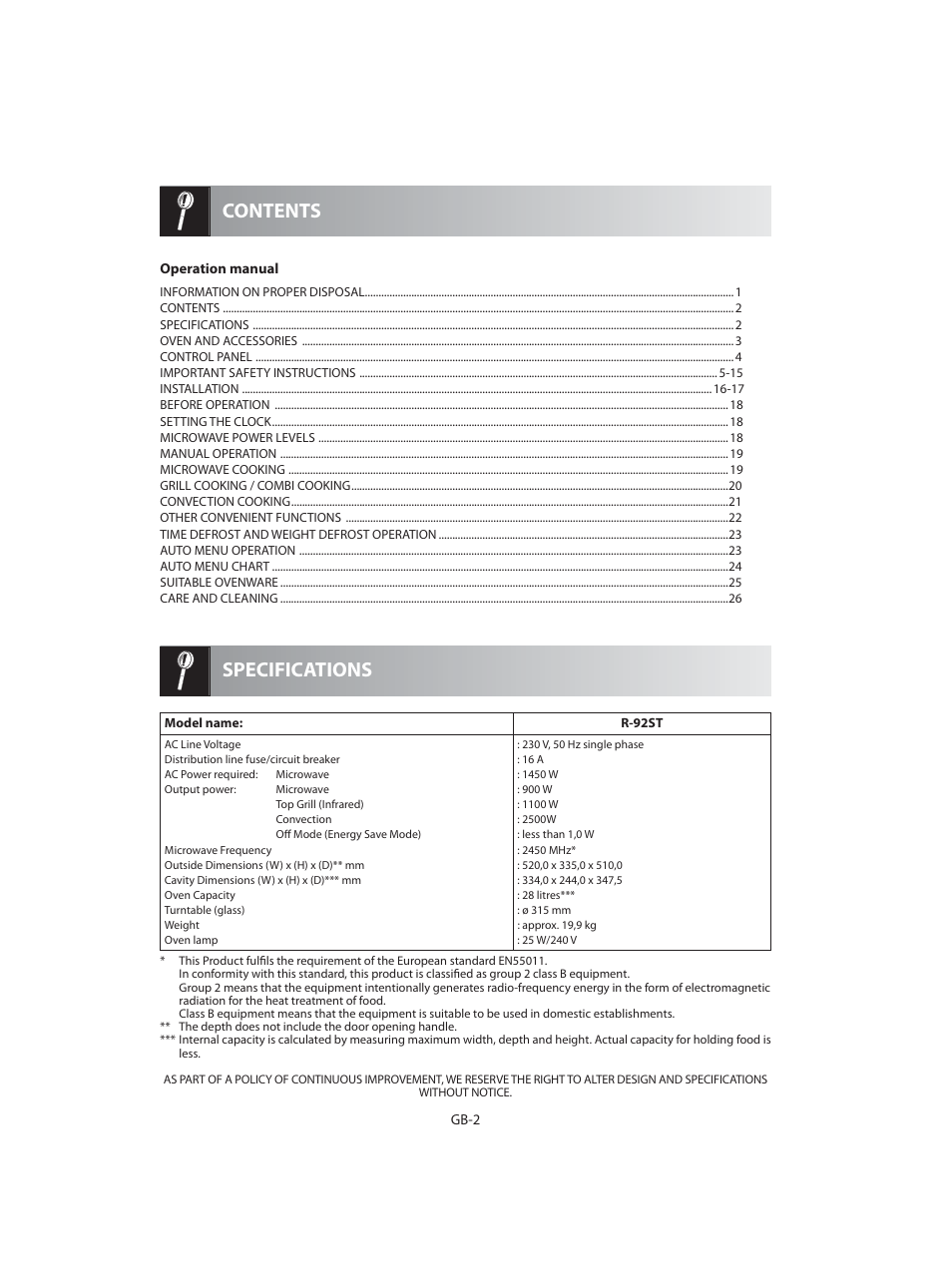 Specifications contents | Sharp R-92STE User Manual | Page 4 / 316