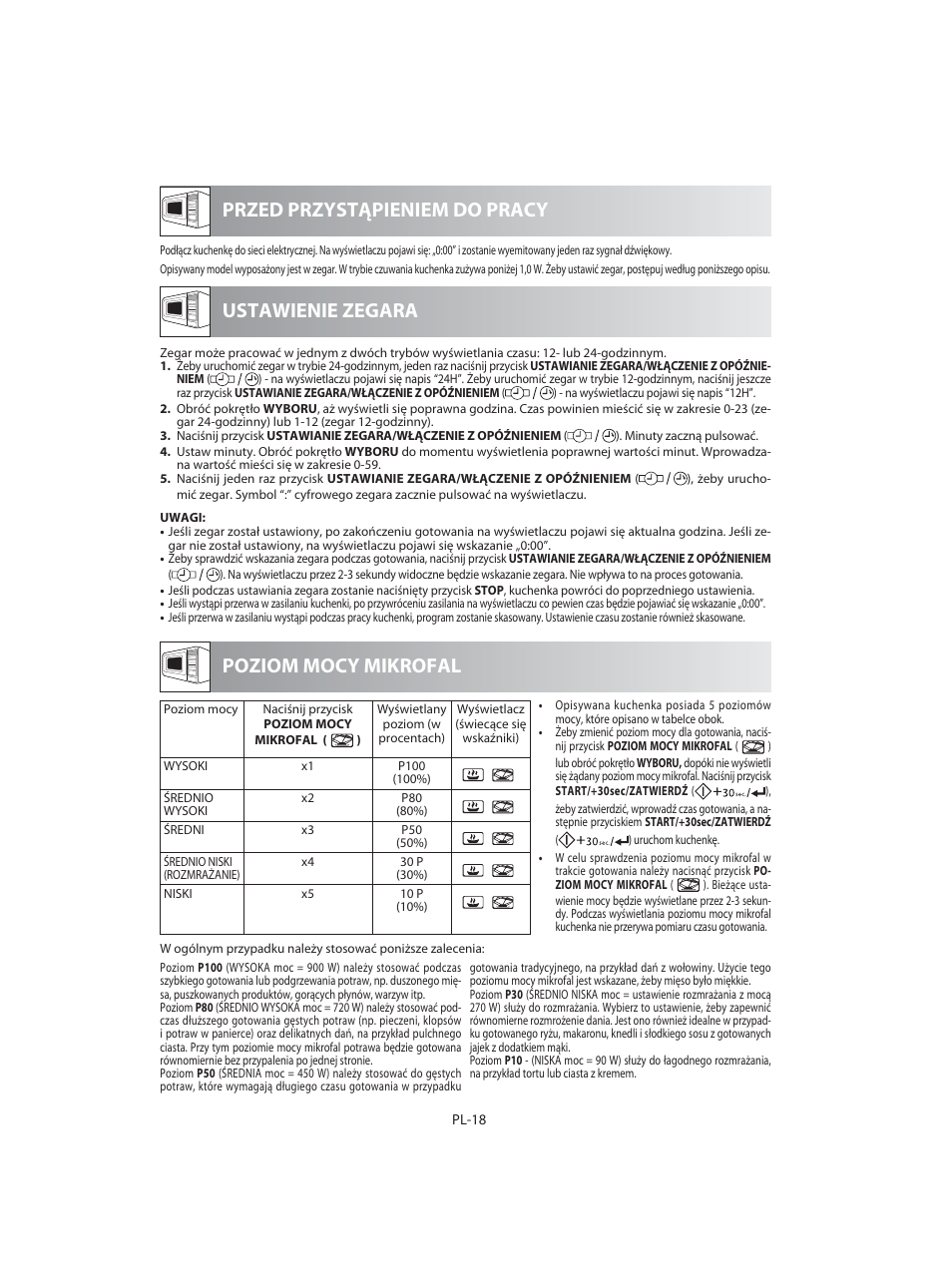 Przed przystąpieniem do pracy poziom mocy mikrofal, Ustawienie zegara | Sharp R-92STE User Manual | Page 46 / 316