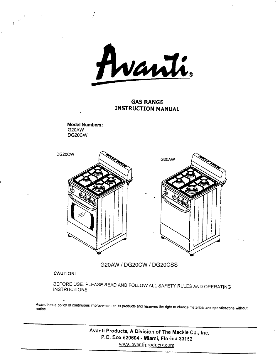 Avanti DG20CW User Manual | 22 pages