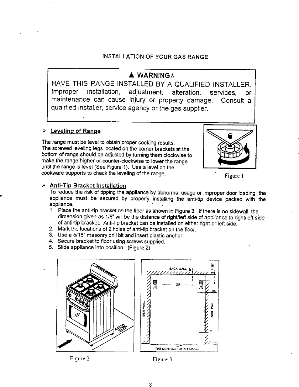 À warning, Leveiinq of range, Anti-tip bracket installation | Avanti DG20CW User Manual | Page 10 / 22